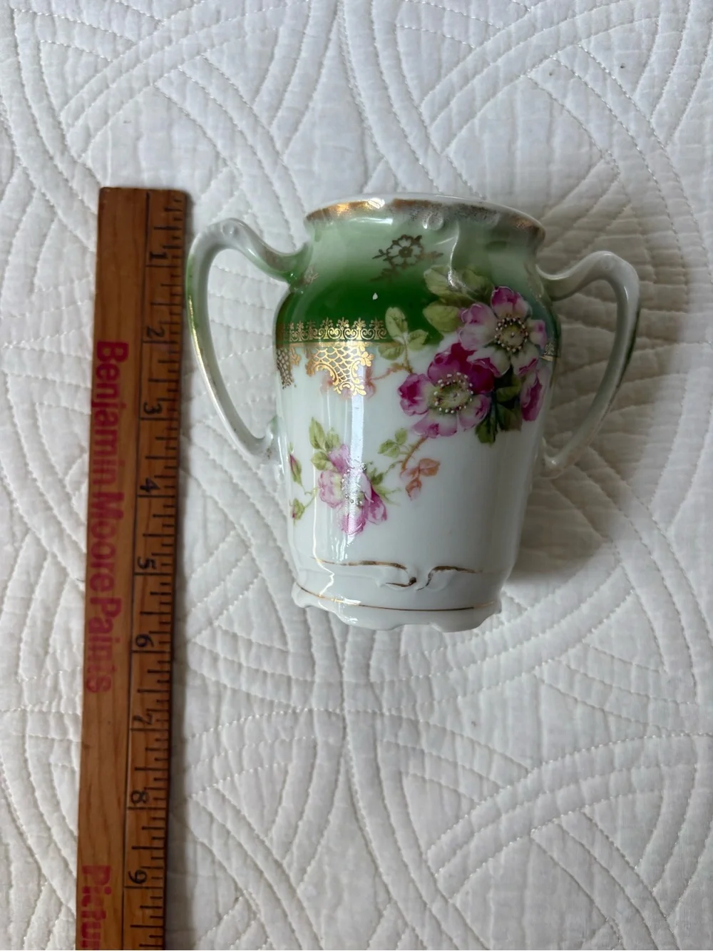 Antique Porcelain Double Handle Vase Green Pink Roses Gold Gilt 5”